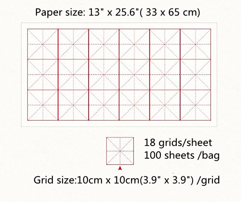MEGREZ Chinese Calligraphy Xuan Paper Brush Writing Sumi Paper XuanPaper Rice Paper with Grids for Students, Beginners Practice Kanji Japanese Calligraphy, 100 Sheets/Pack, 10cm/Grid - Image 2